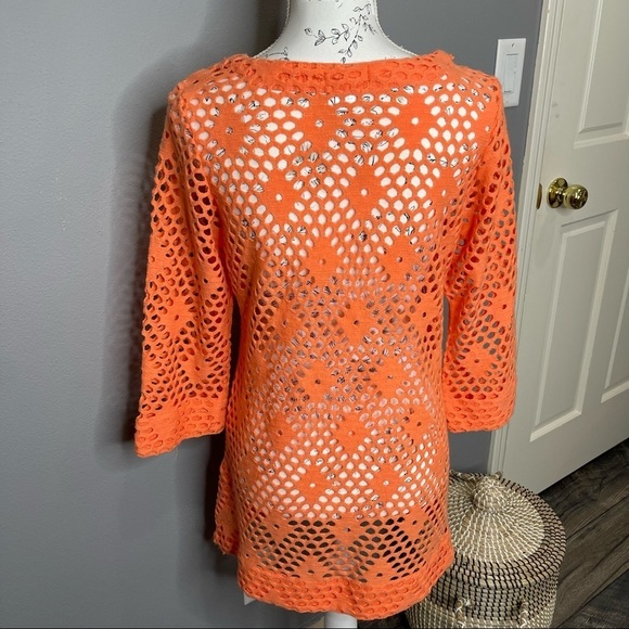 Mirror Image Neon Orange Artsy Sheer Perforated 3/4 Sleeve Size Medium Top - Picture 2 of 4